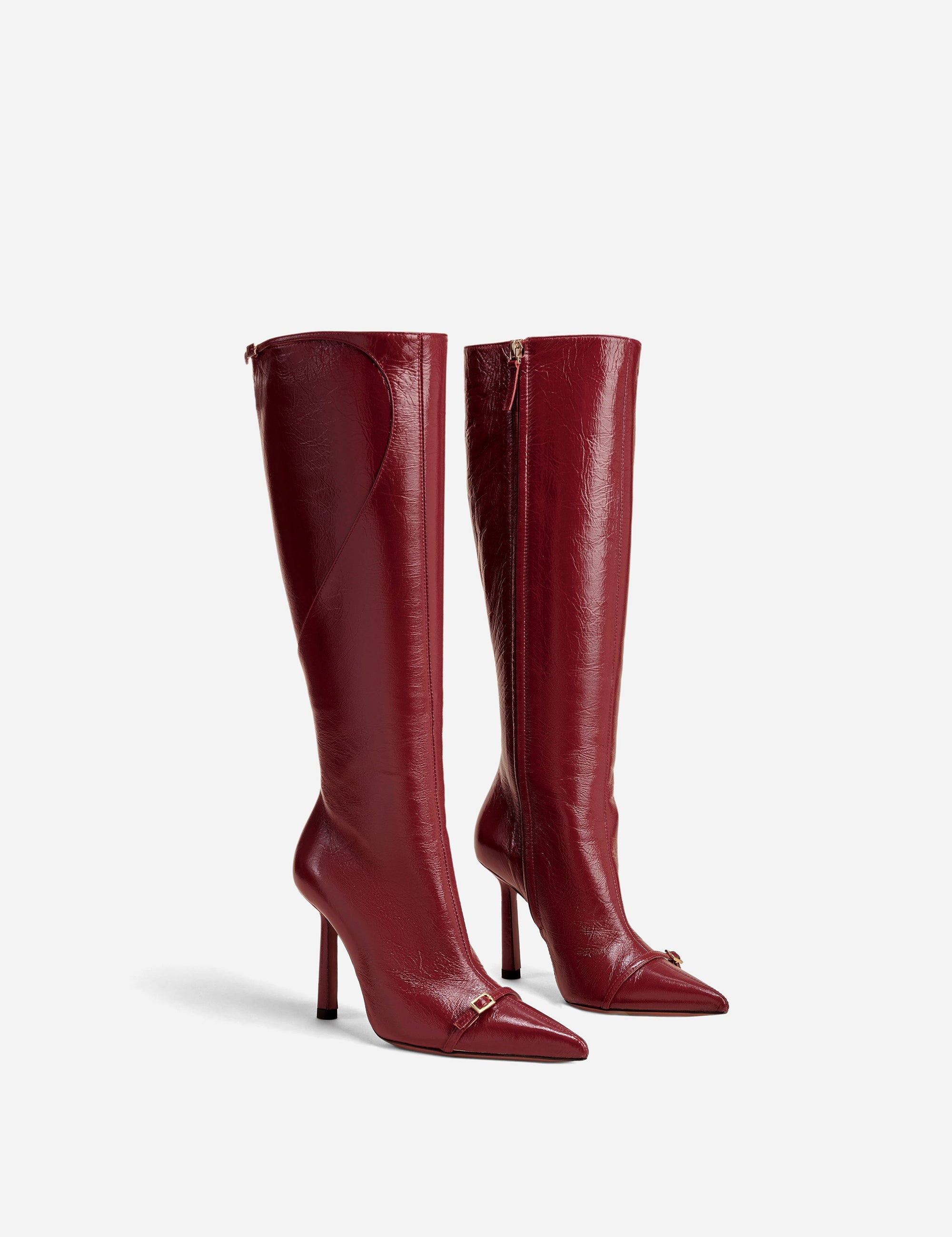 Knee High Pointy Toe Boots Rusty Red High Gloss Side