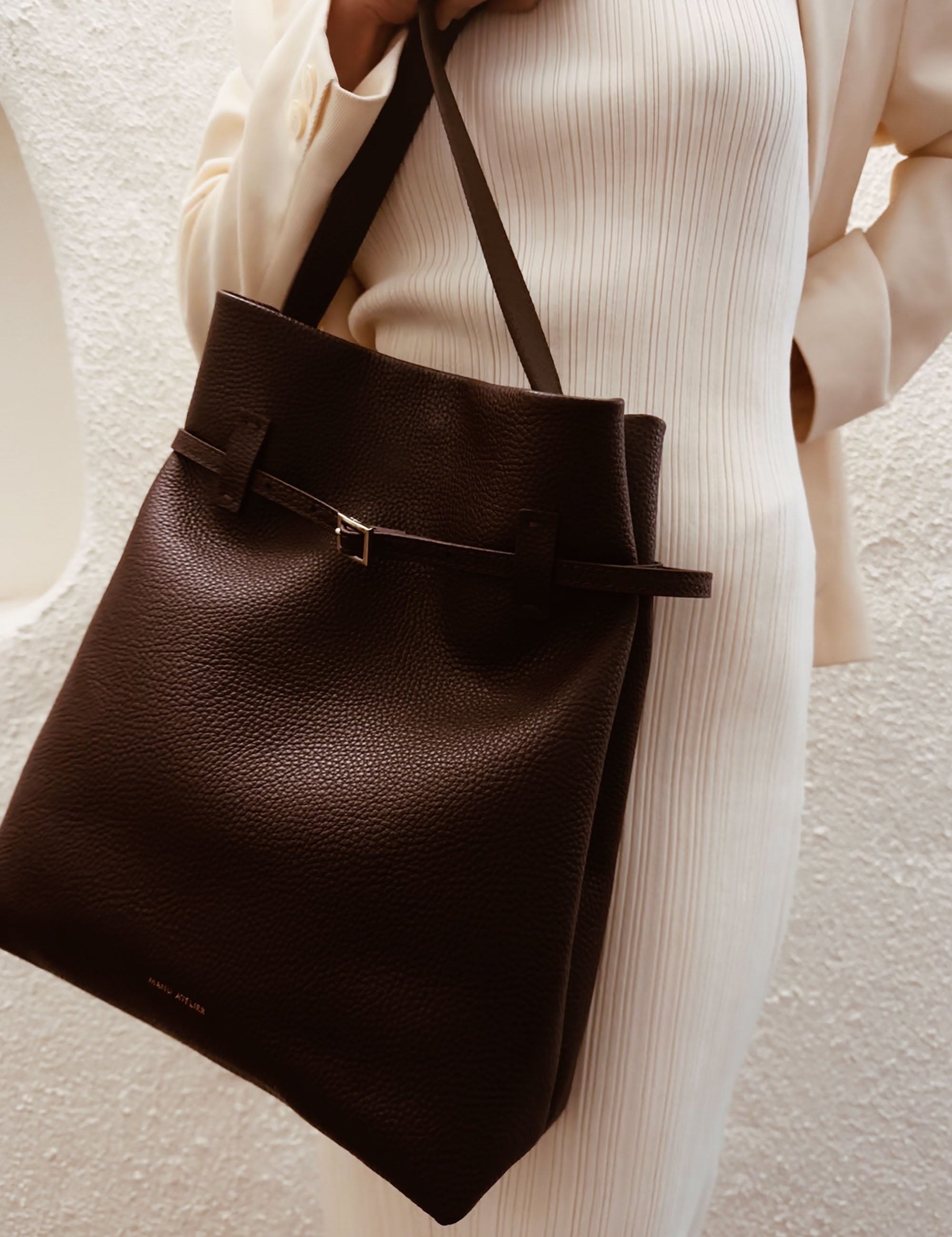 Tote Du Jour Calf Skin Leather Deep Brown in a lifestyle shot
