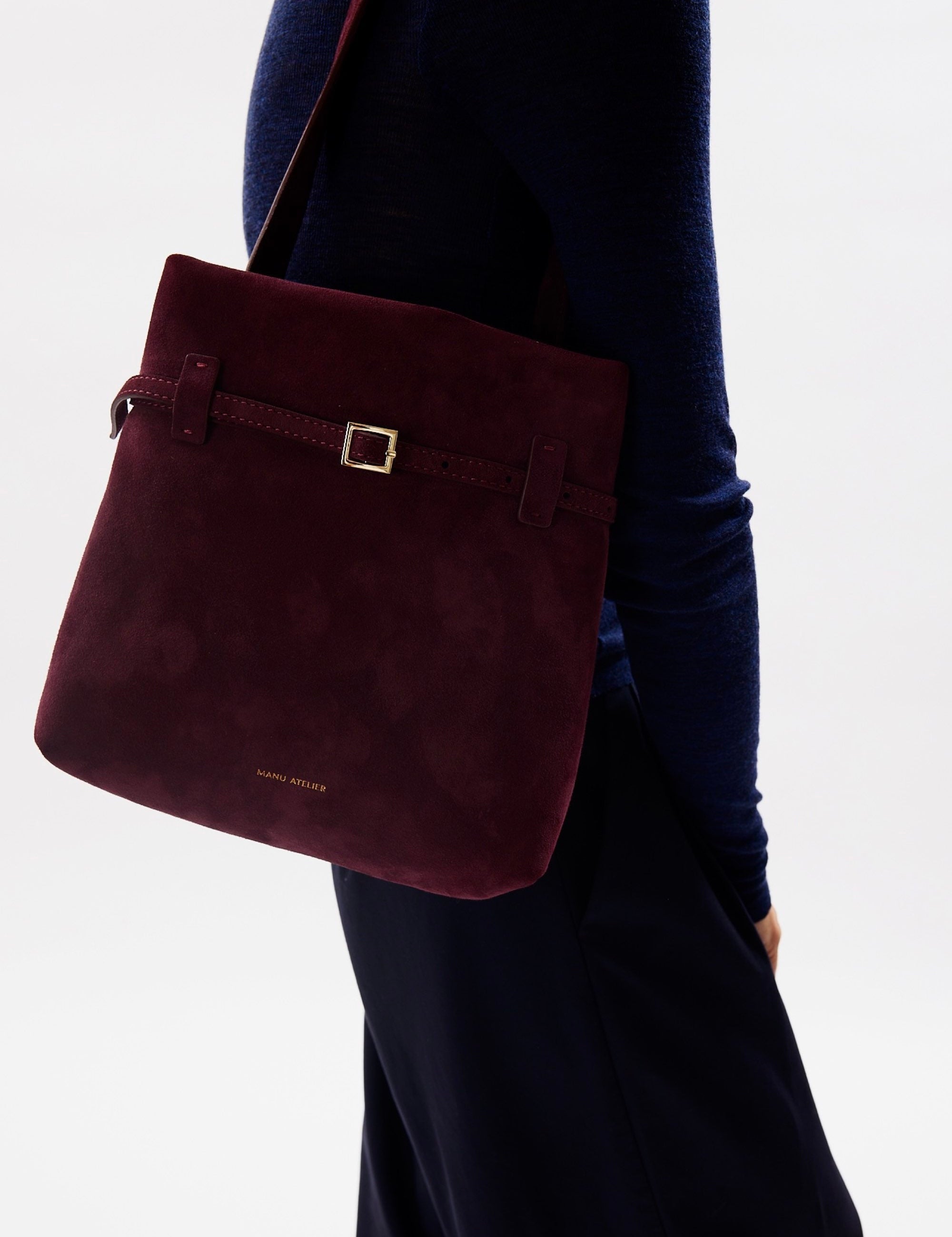 Mini Tote du Jour Merlot Suede On Model