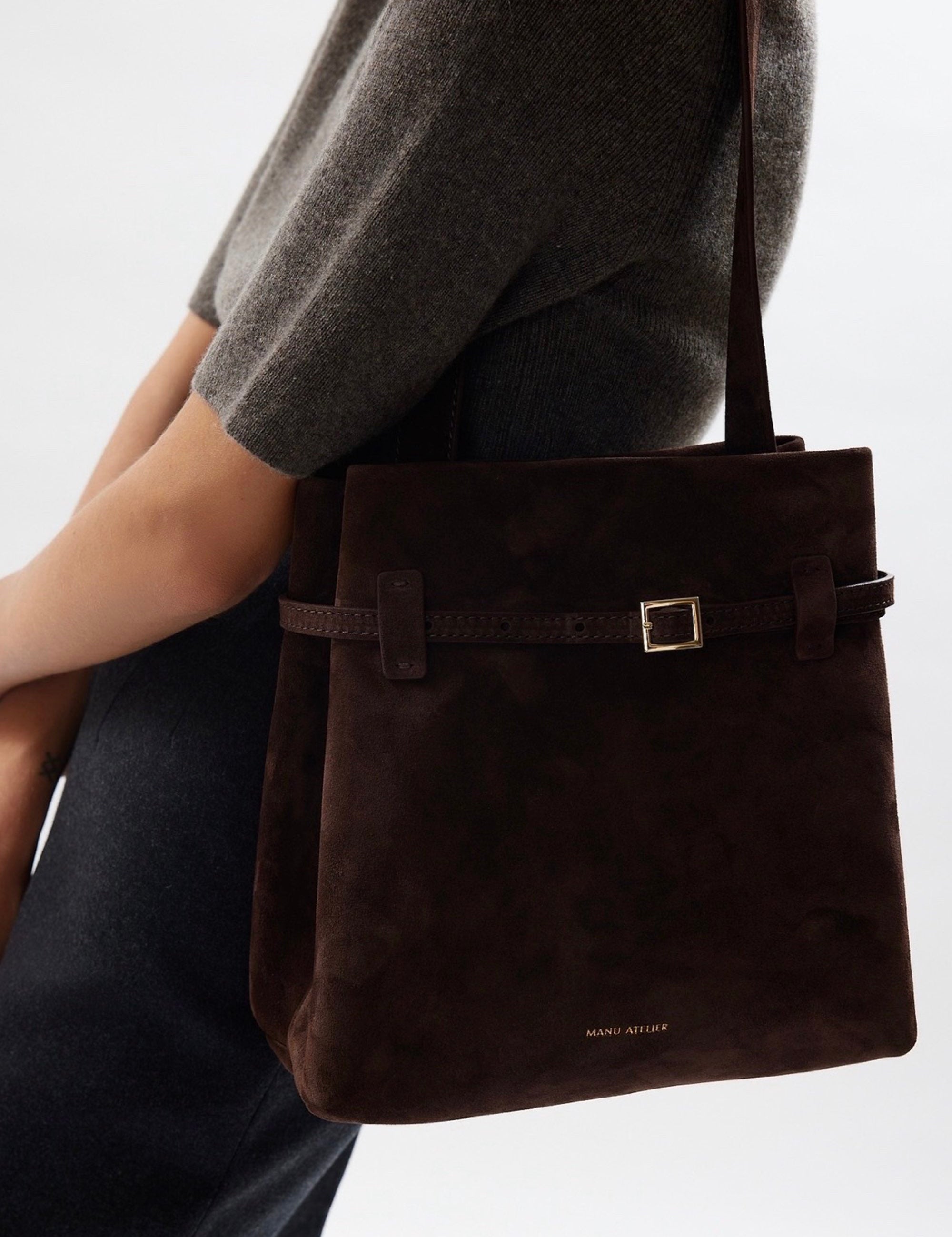 Mini Tote du Jour Deep Brown Suede on model